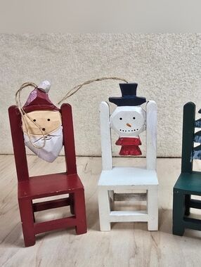 Lilian Vernon Mini Christmas Chairs Set 3 Wood Ornaments Santa Snowman Tree